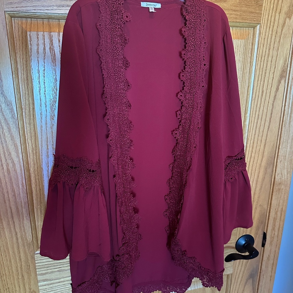Burgundy Lace Trim Kimono Cardigan